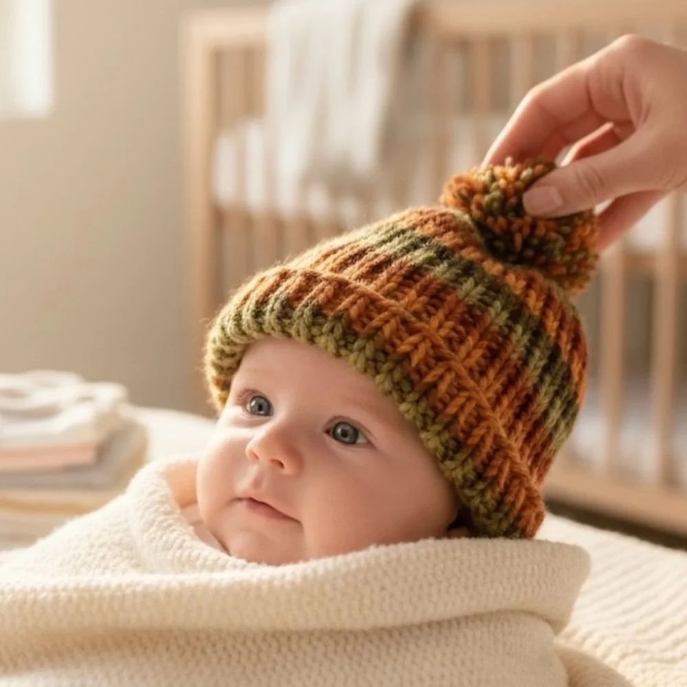 Hat Beanie Hand Crafted Baby Pom Pom Knit Green Rust Orange Knit Fall